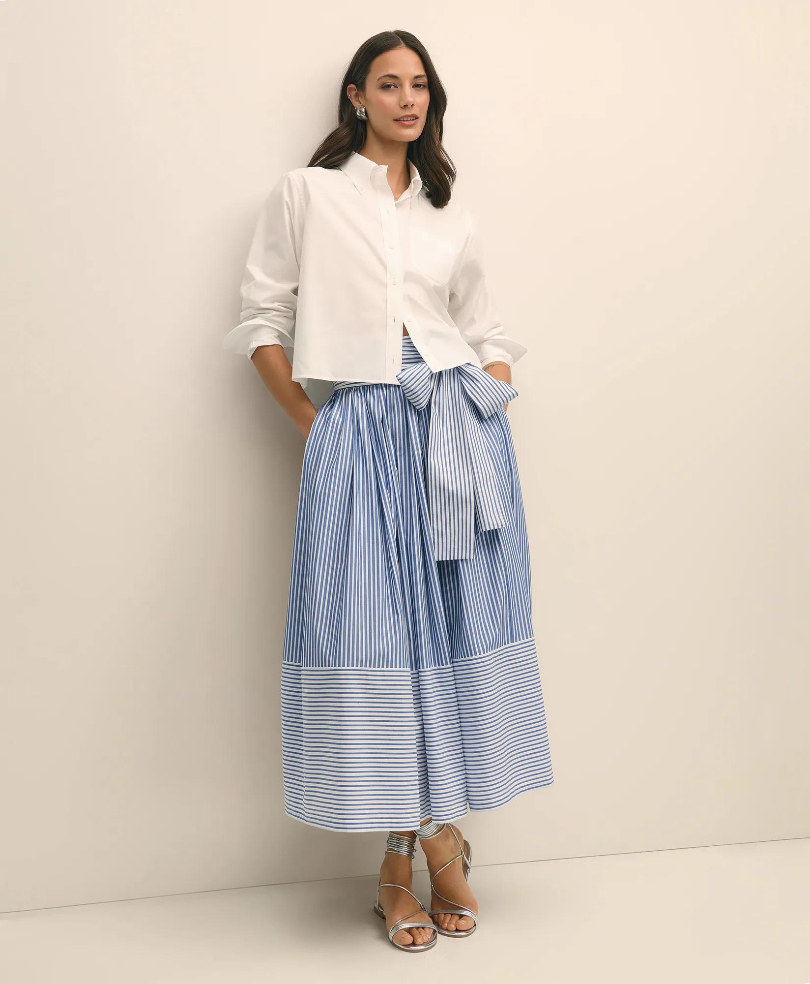 Bow Waist Pleated Maxi Skirt in Striped Cotton