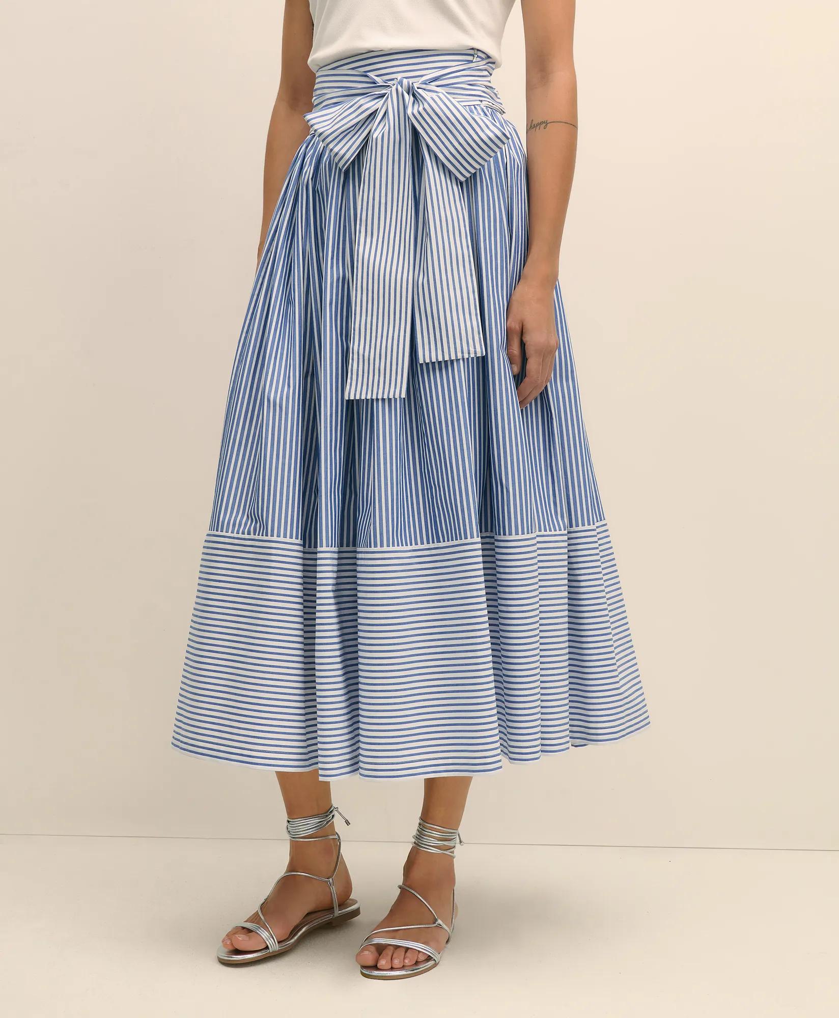 Bow Waist Pleated Maxi Skirt in Striped Cotton