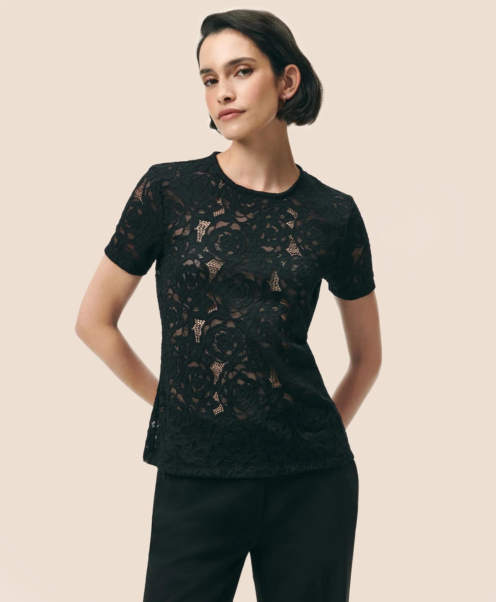 Semi-Sheer Short-Sleeve Top in Floral Lace