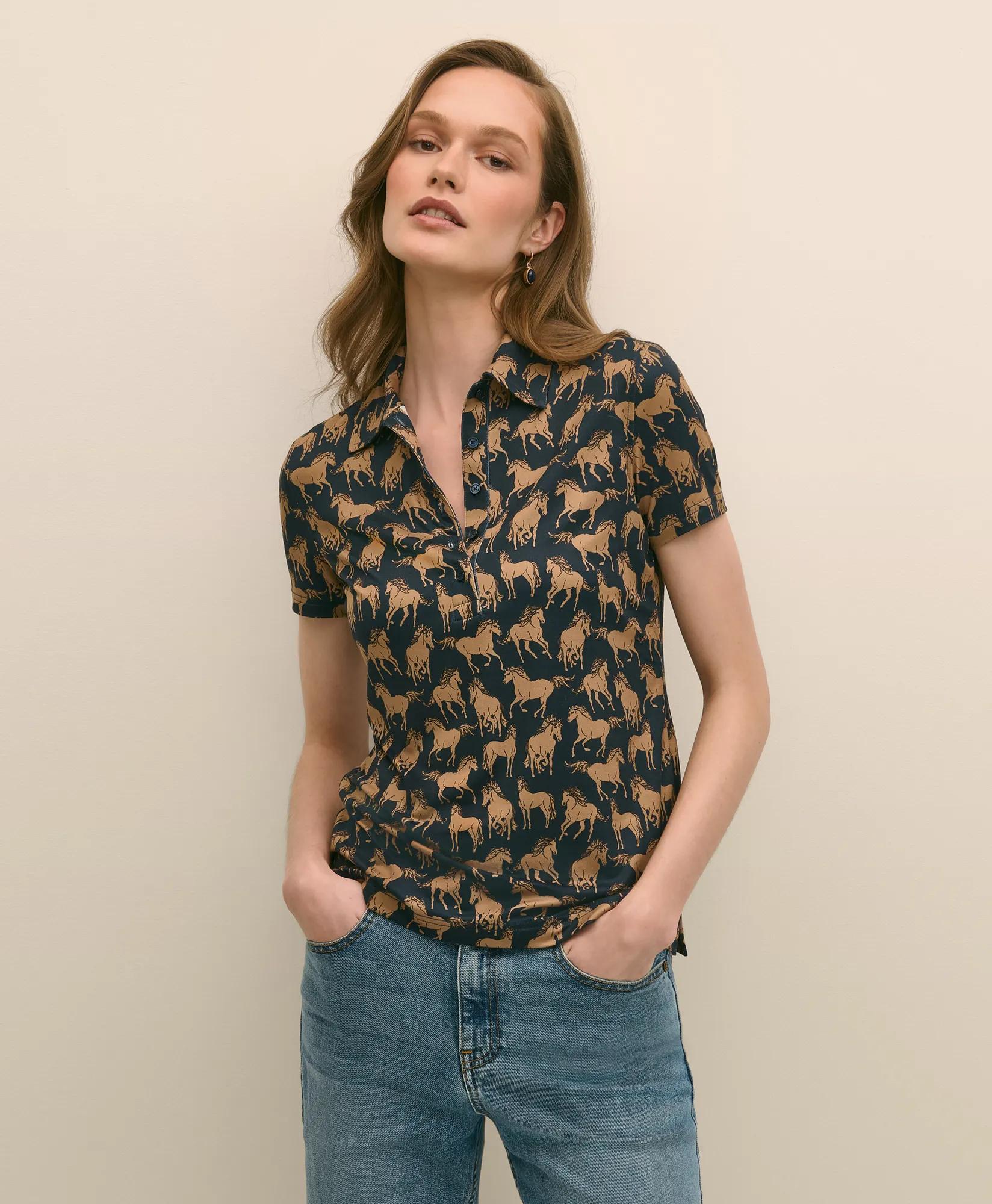 Knit Polo Shirt in Horse Print