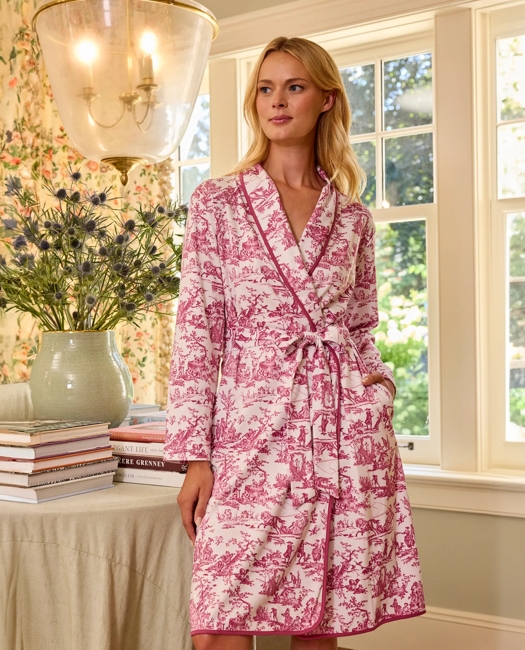 LAKE Women's Belted Bathrobe in Claret Toile