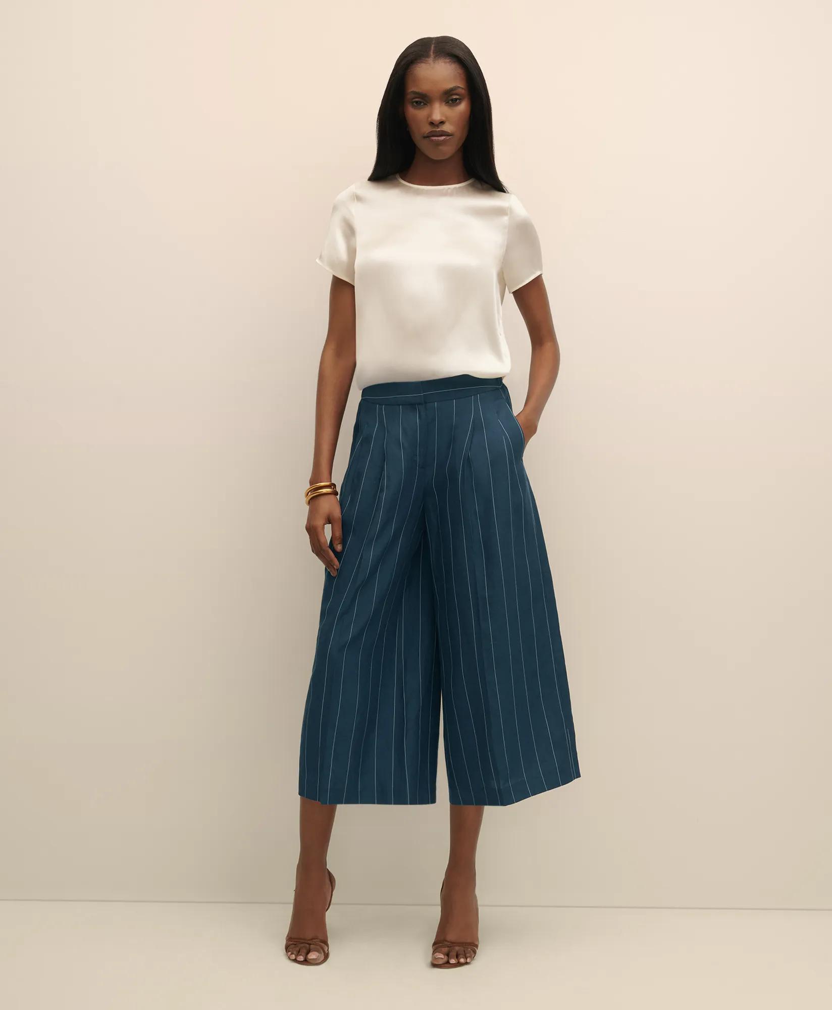 Linen-Blend Stripe Wide-Leg Culottes