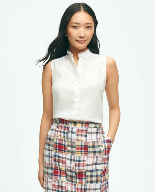 Sleeveless Ruffle Detail Shirt In Linen
