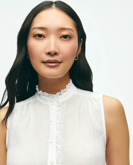 Sleeveless Ruffle Detail Shirt In Linen