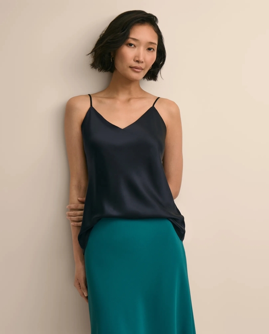V-Neck Cami in Washable Silk Charmeuse - Navy