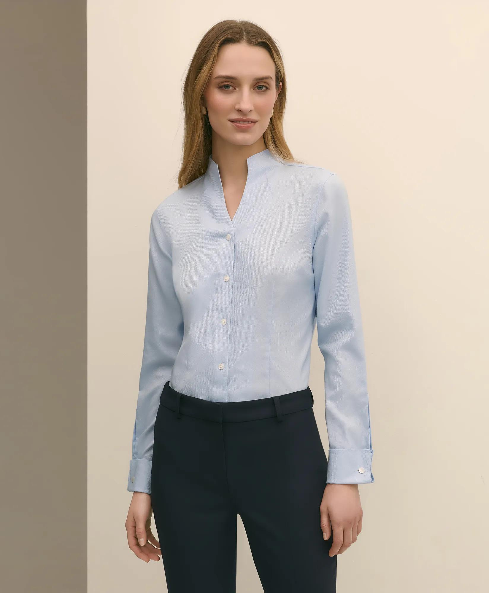 Fitted Funnel Neck Shirt in Non-Iron Royal Oxford Cotton