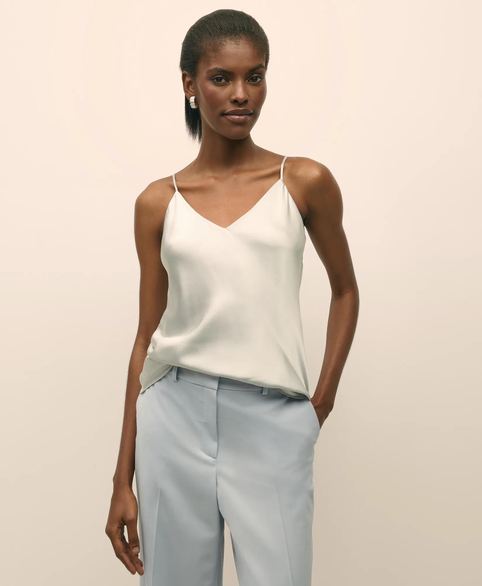 V-Neck Camisole in Washable Silk Charmeuse - Light Grey