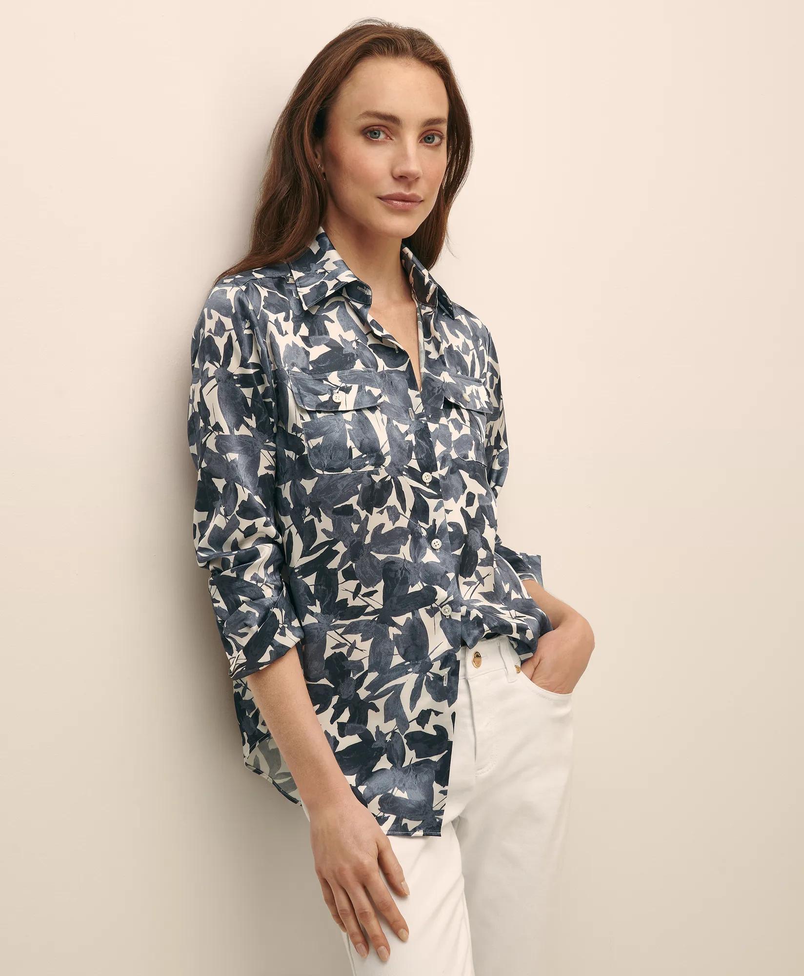 Floral Motif Utility Blouse in Washable Silk