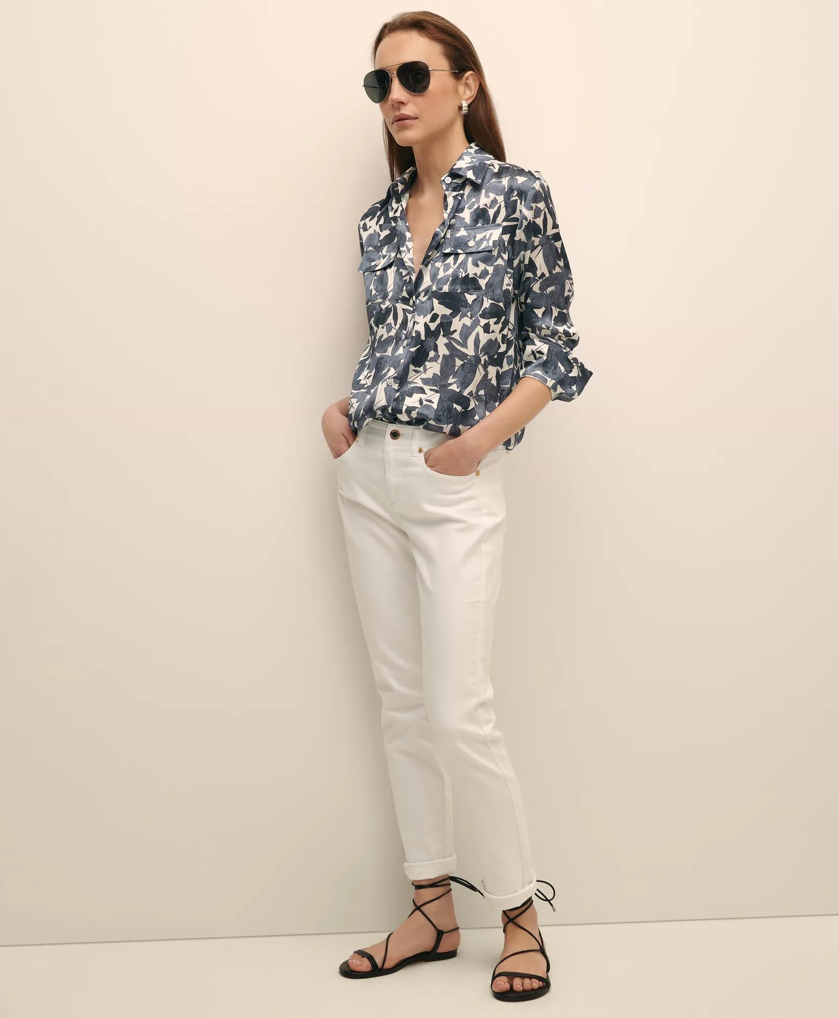 Floral Motif Utility Blouse in Washable Silk