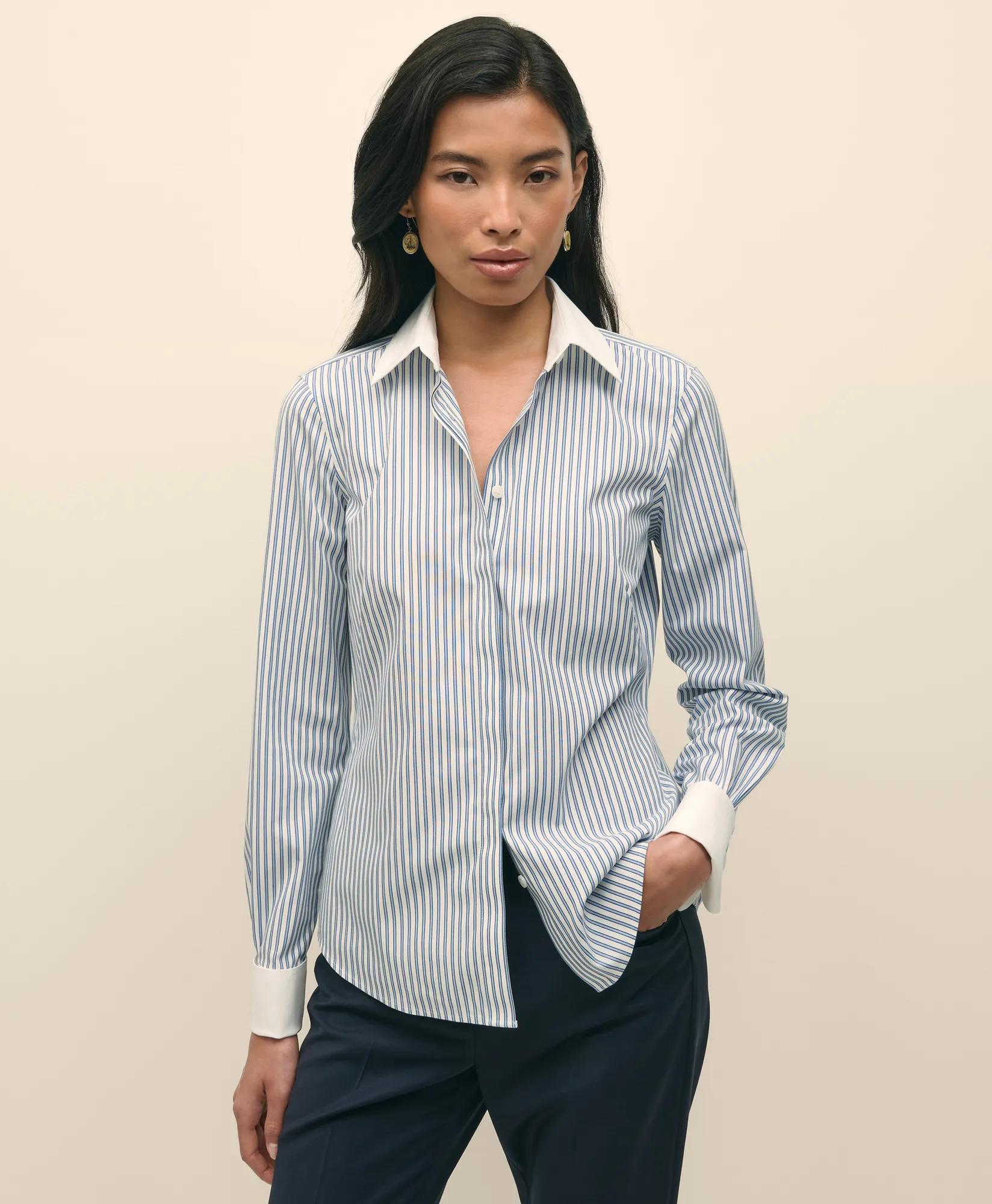 Fitted Non-Iron Supima Cotton-Blend Striped Contrast Shirt with French Cuffs