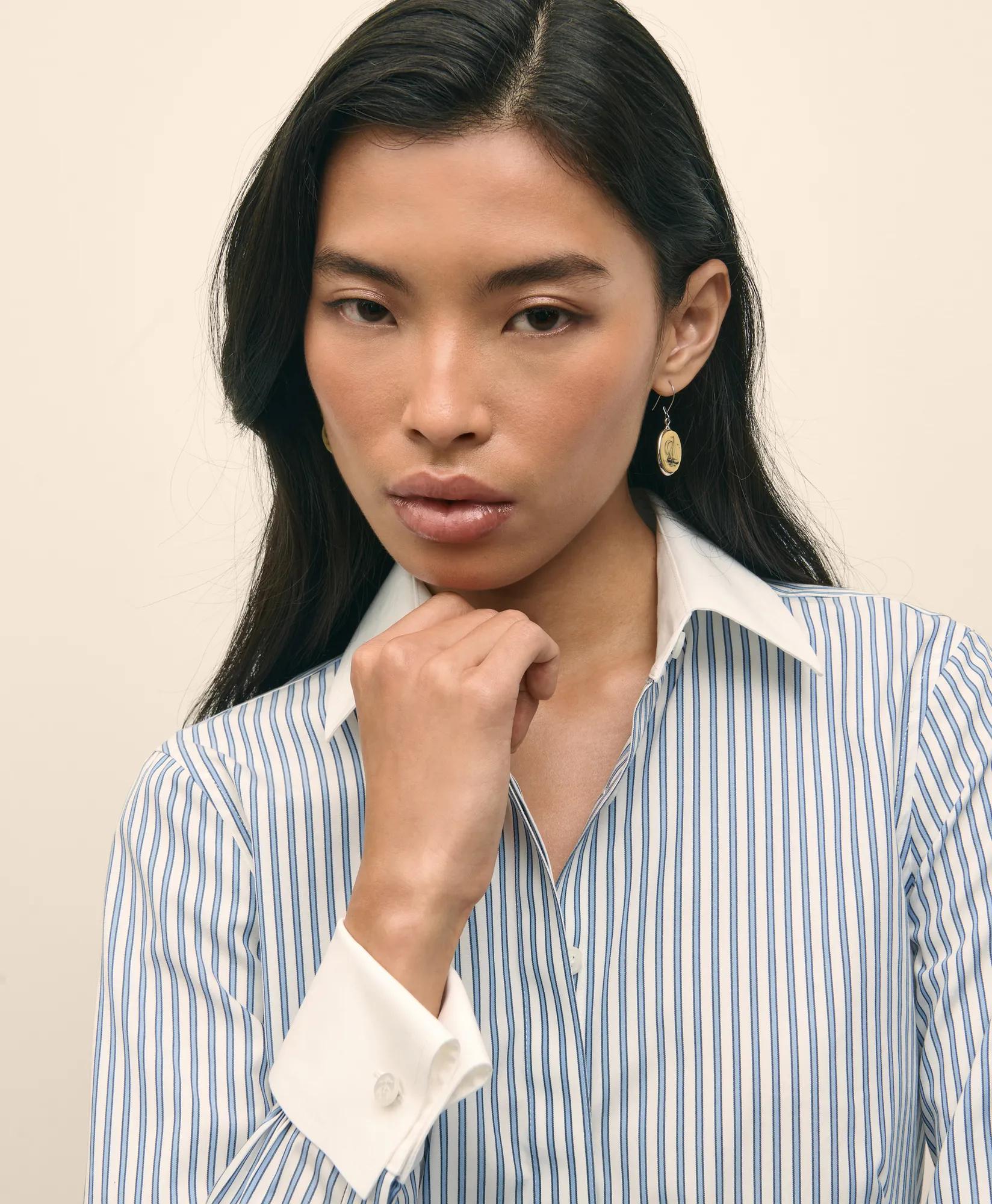 Fitted Non-Iron Supima Cotton-Blend Striped Contrast Shirt with French Cuffs