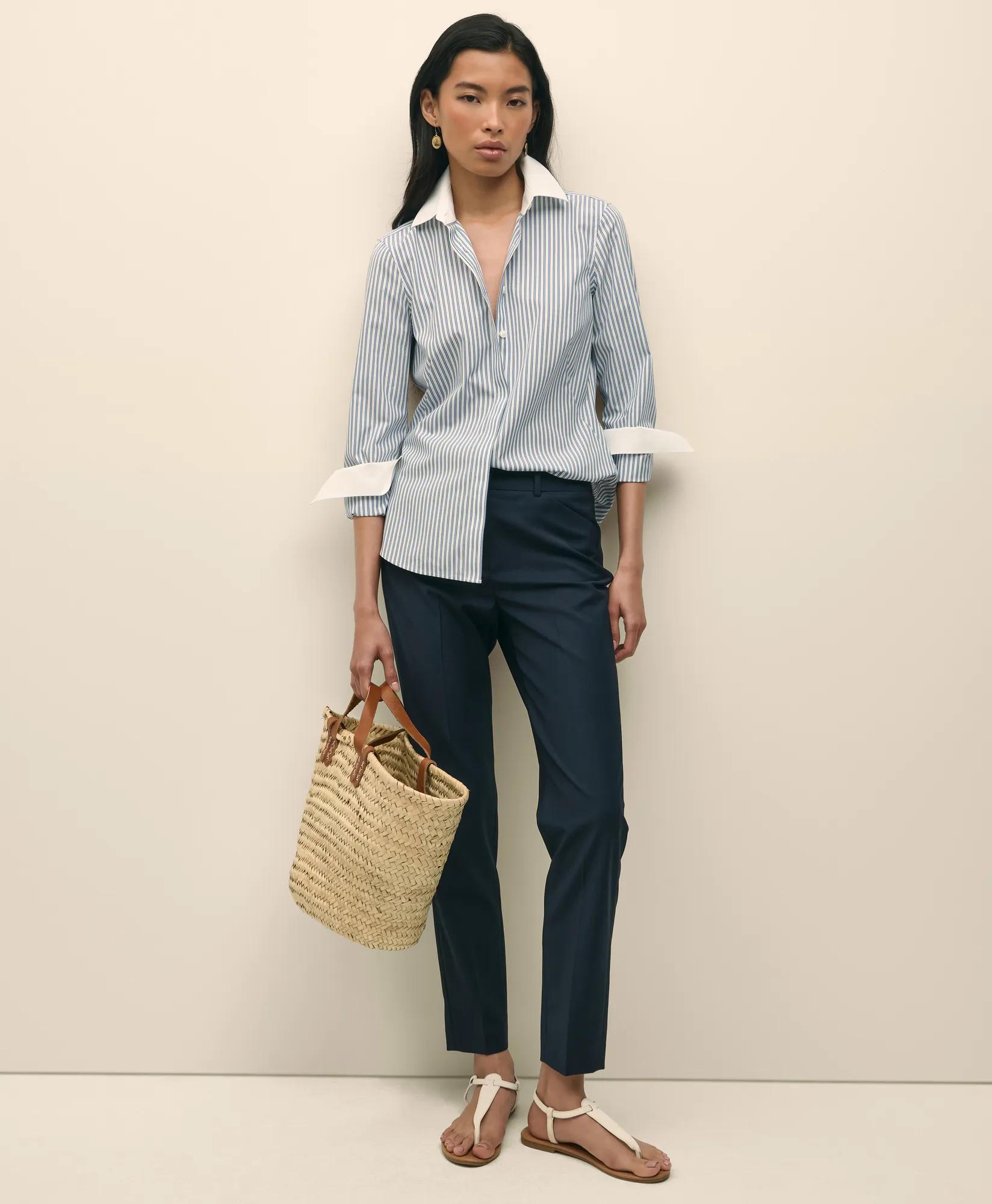 Fitted Non-Iron Supima Cotton-Blend Striped Contrast Shirt with French Cuffs