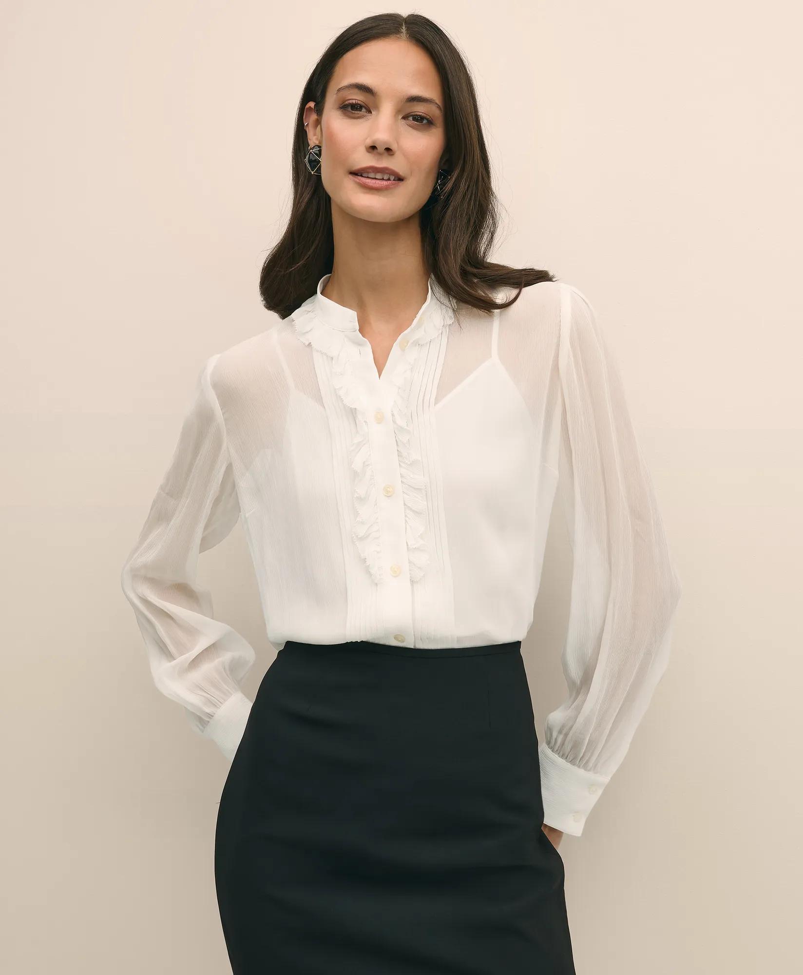Sheer Pleated Ruffle Detail Blouse