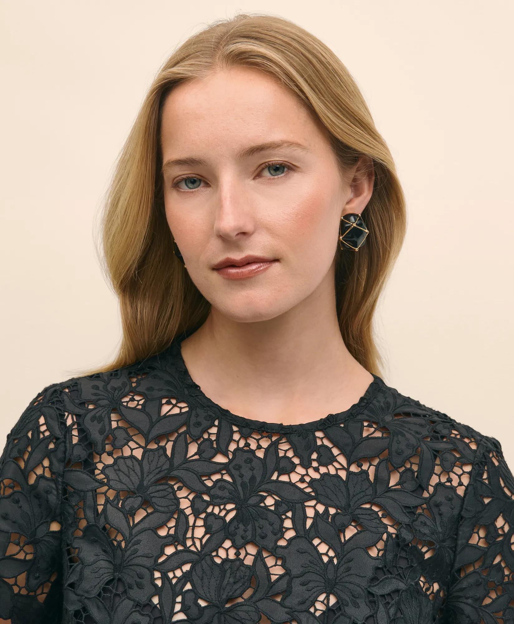 Relaxed Short-Sleeve Semi-Sheer Lace Top - Black