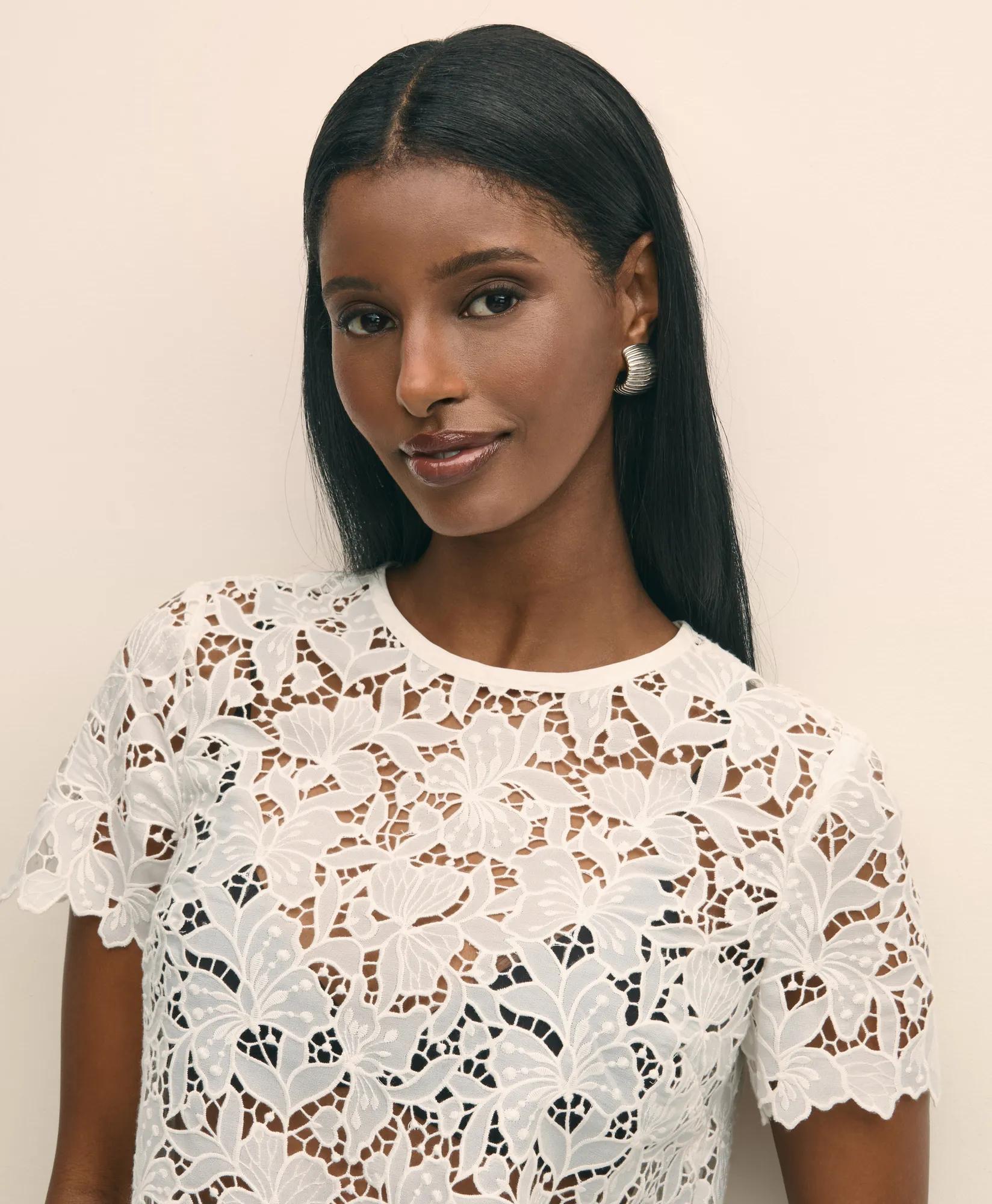 Relaxed Short-Sleeve Semi-Sheer Lace Top