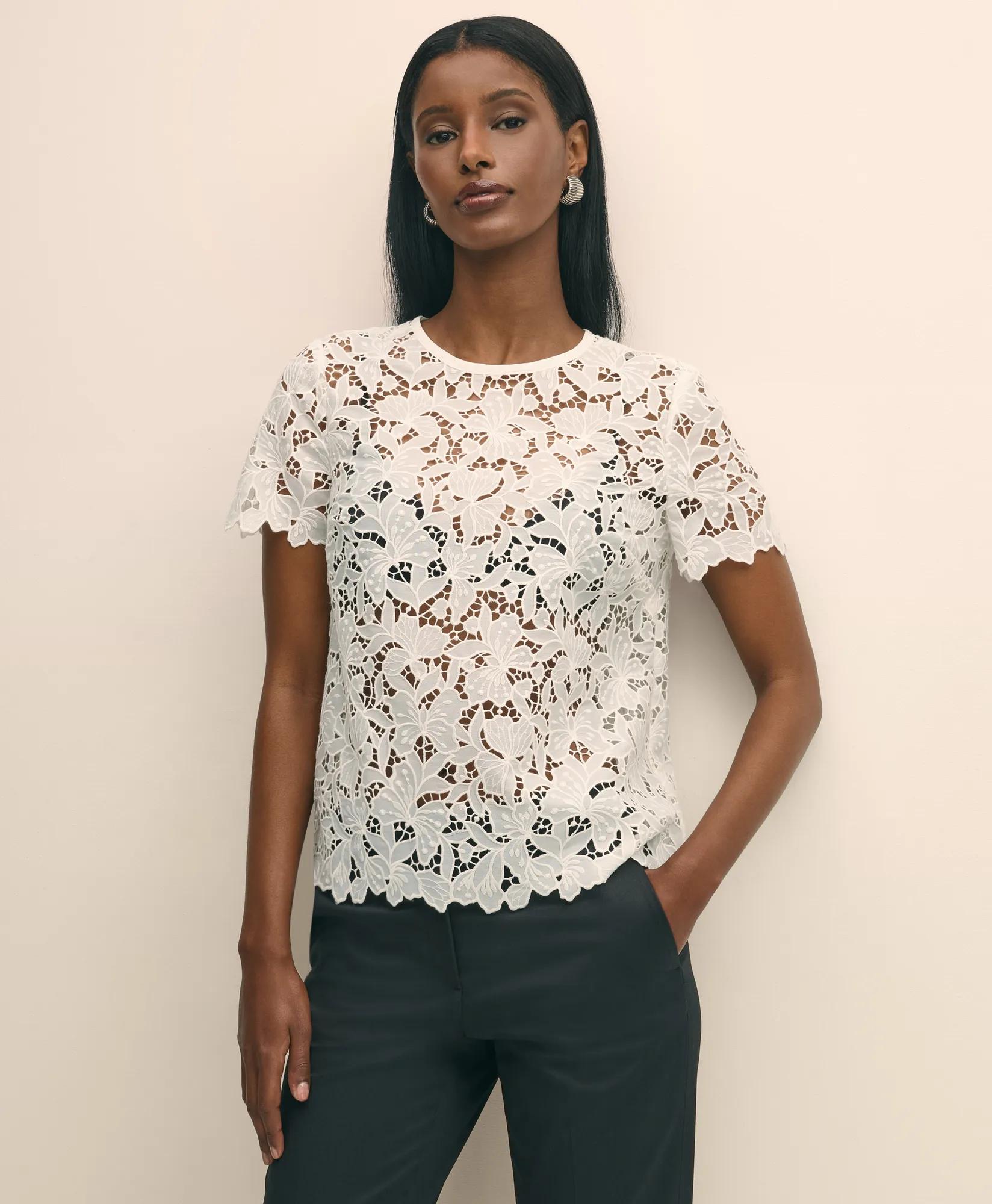 Relaxed Short-Sleeve Semi-Sheer Lace Top