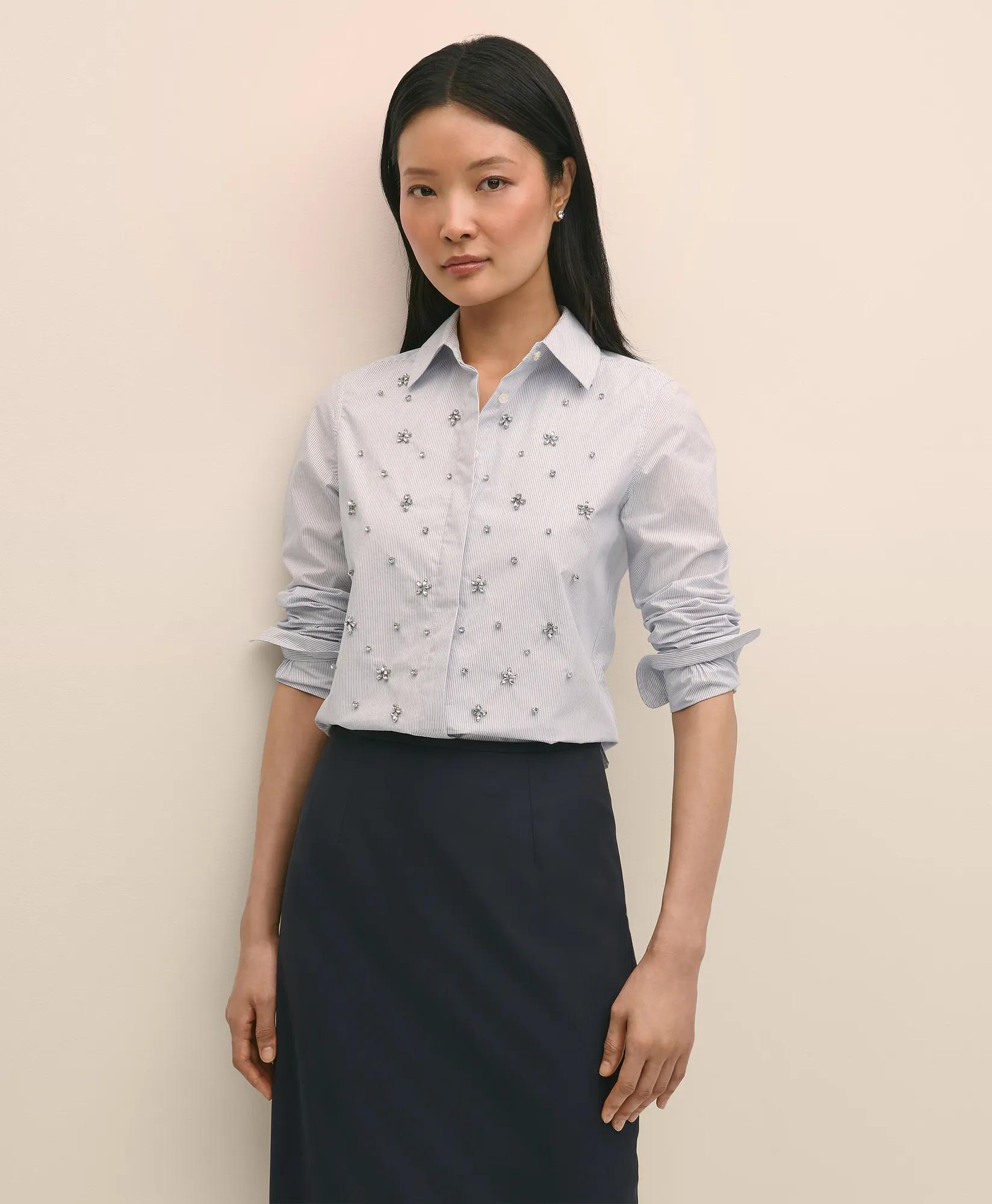 Cotton Poplin Pinstripe Embellished Shirt