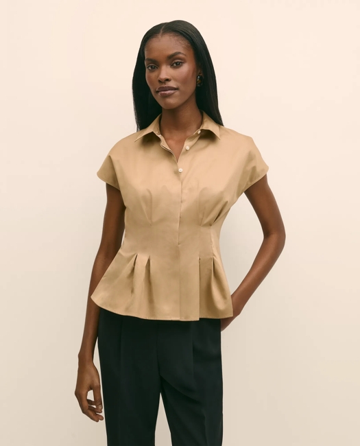 Supima Cotton Sateen Pleated Peplum Shirt - Light Beige