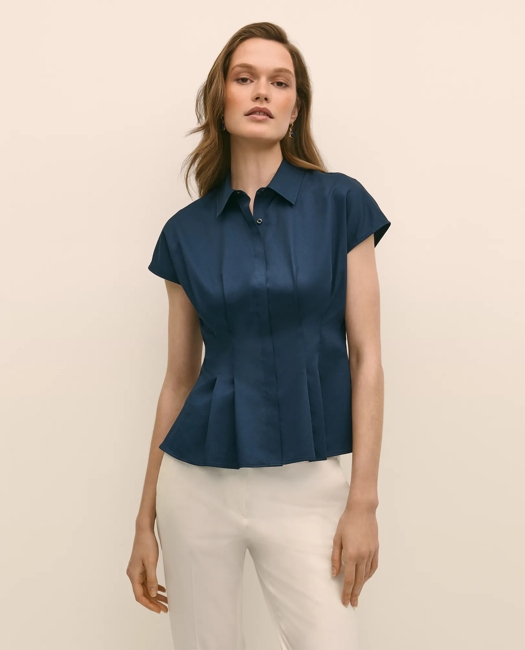 Supima Cotton Sateen Pleated Peplum Shirt - Navy