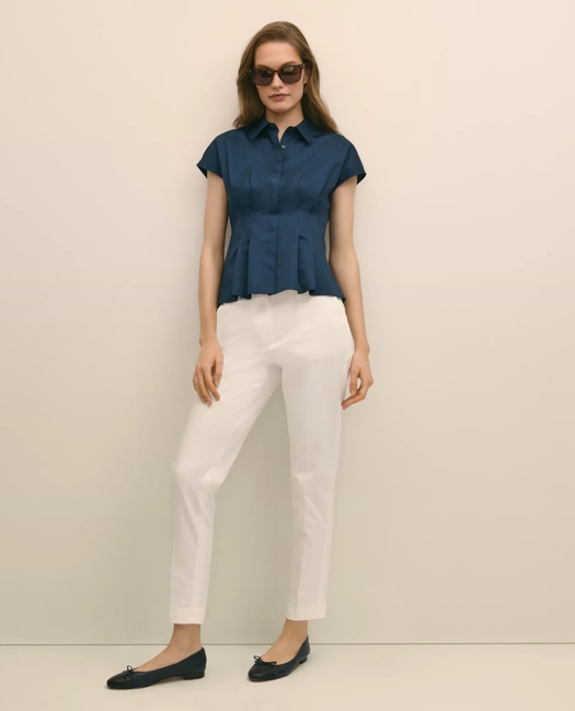 Supima Cotton Sateen Pleated Peplum Shirt - Navy