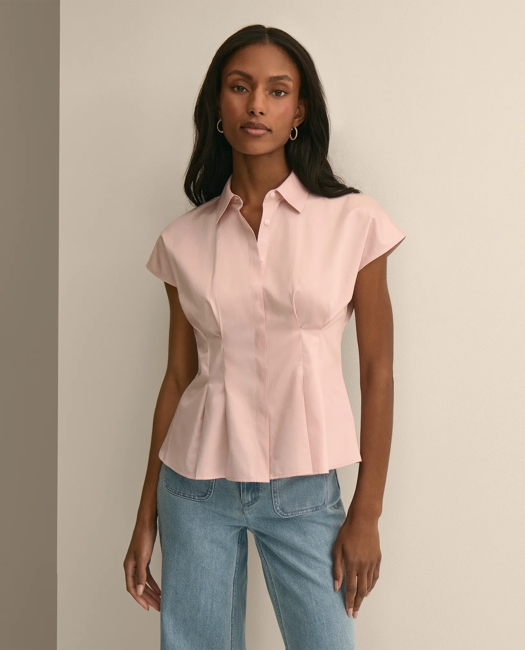 Supima Cotton Sateen Pleated Peplum Shirt - Pink