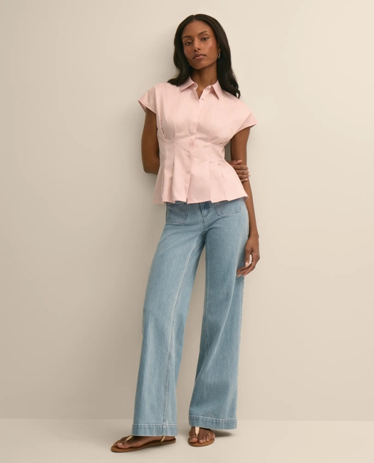 Supima Cotton Sateen Pleated Peplum Shirt - Pink