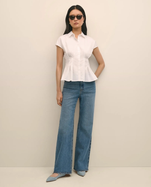 Supima Cotton Sateen Pleated Peplum Shirt