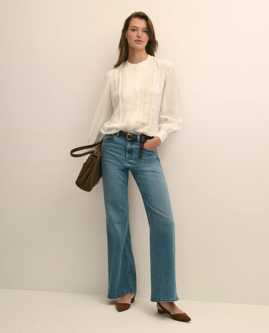 Silk Haboti Pintucked Band-Collar Blouse