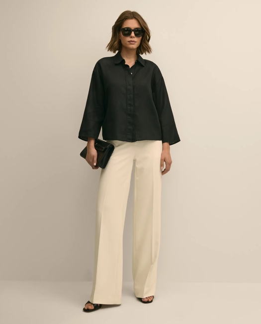 Linen Relaxed Bell-Sleeve Cropped Shirt - Black