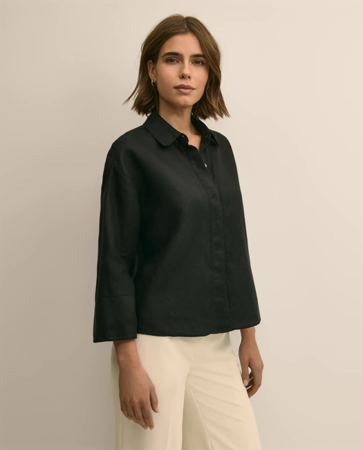 Linen Relaxed Bell-Sleeve Cropped Shirt - Black