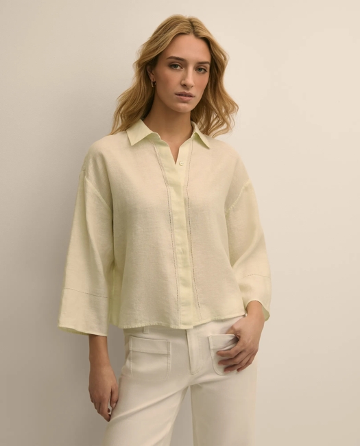 Linen Relaxed Bell-Sleeve Cropped Shirt - Light Green