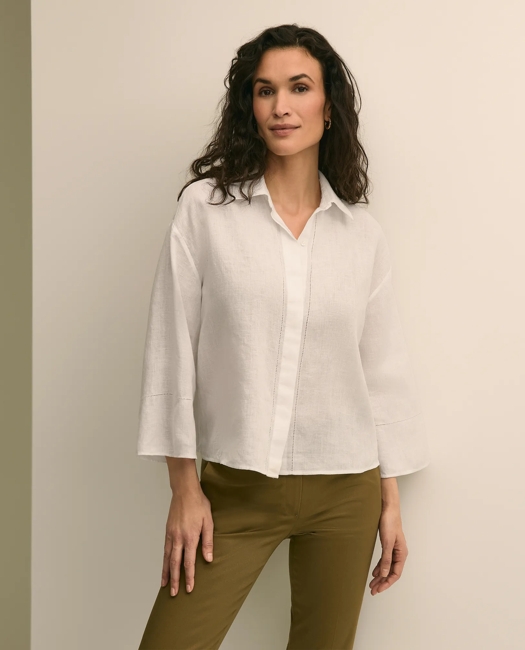 Linen Relaxed Bell-Sleeve Cropped Shirt - White
