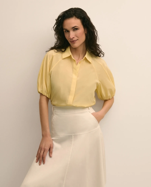 Silk-Cotton Elbow-Bubble-Sleeve Shirt