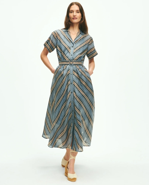Nipped-Waist Chevron Shirt Dress In Linen Blend