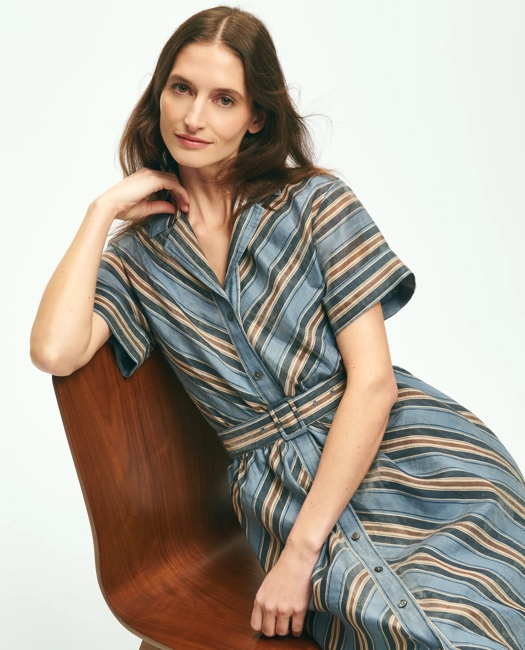 Nipped-Waist Chevron Shirt Dress In Linen Blend