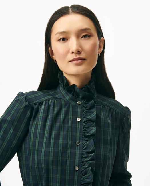 Belted Ruffle-Detail Shirt Dress in Black Watch Supima Cotton