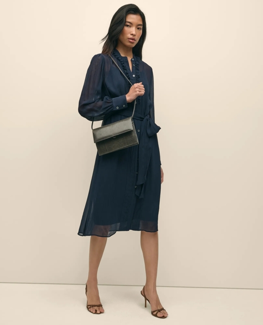 Chiffon Pleated Ruffle Detail Belted Shirt Dress