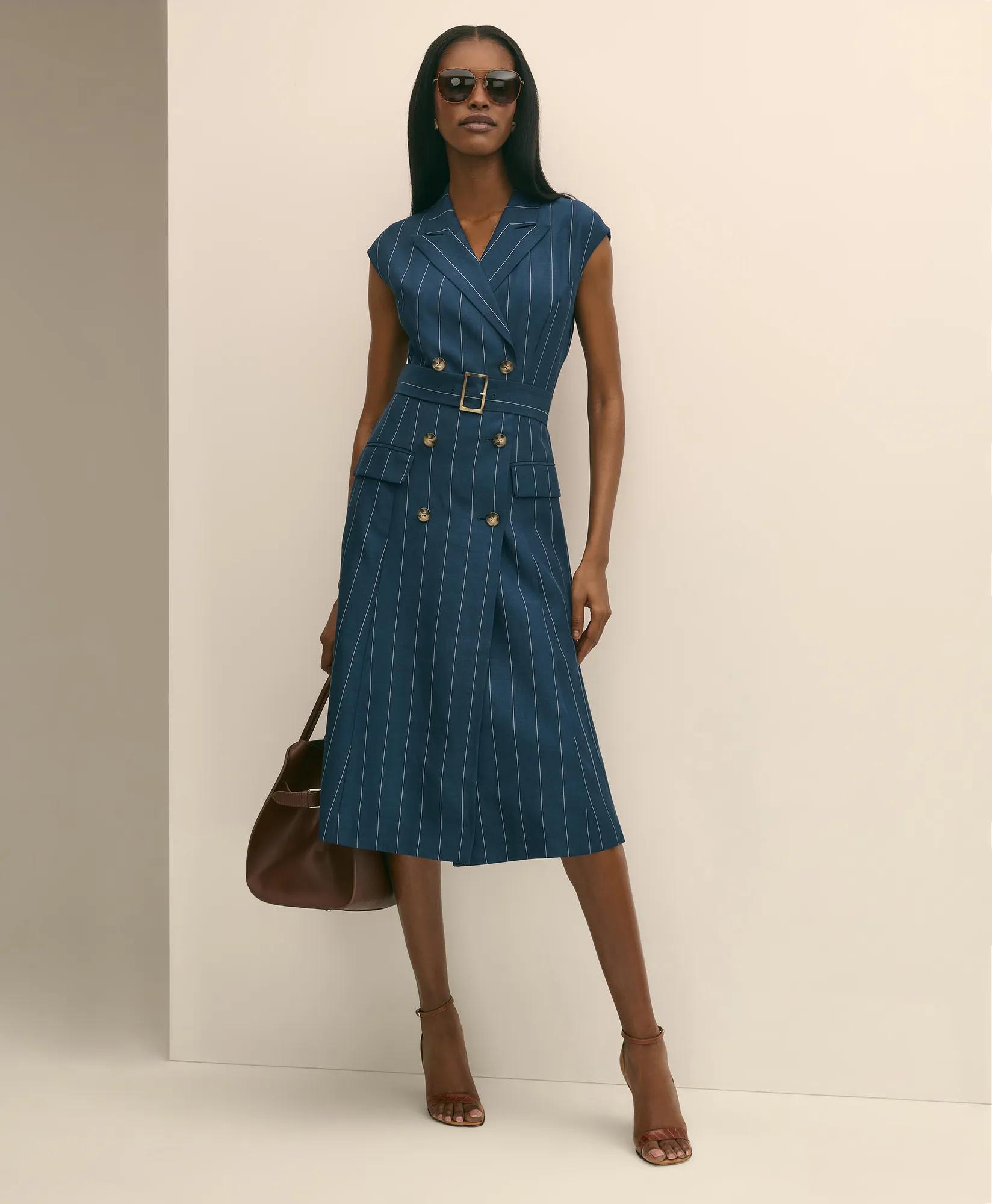 Linen Blend Pinstripe Trench Dress