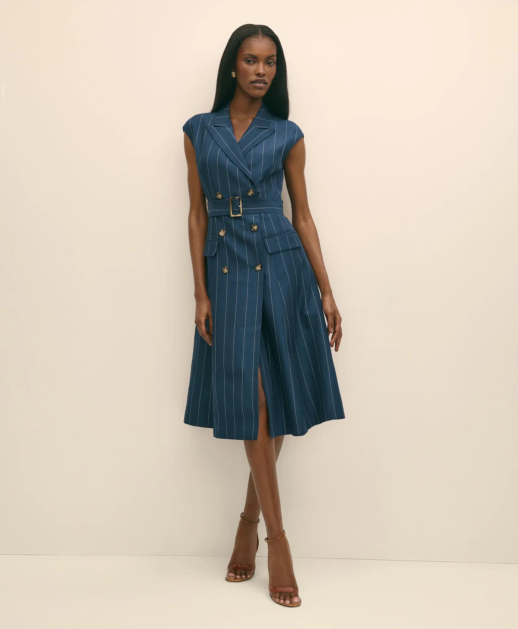 Linen Blend Pinstripe Trench Dress