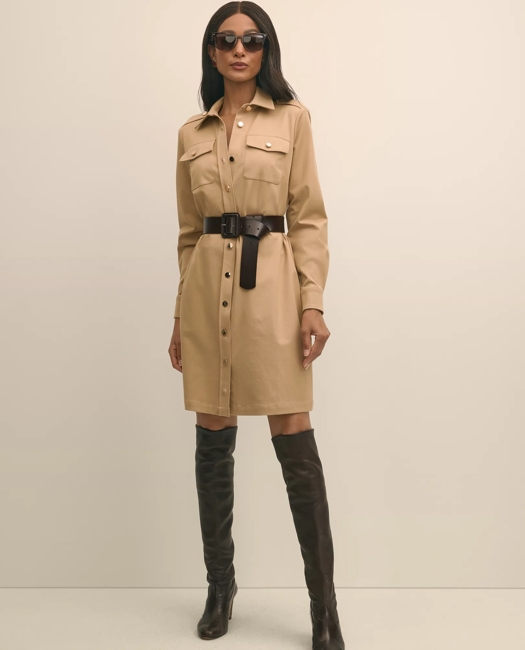 Cotton Blend Twill Belted Shirt Dress