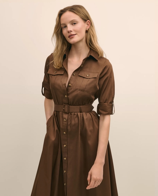 Cotton Sateen Fit-And-Flare Belted Shirt Dress