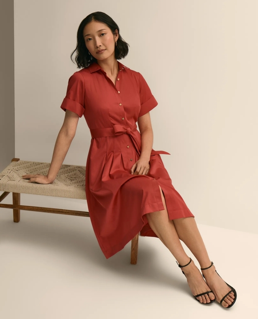 Cotton Sateen Short-Sleeve Belted Shirt Dress