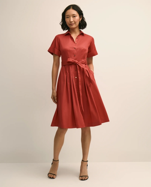 Cotton Sateen Short-Sleeve Belted Shirt Dress