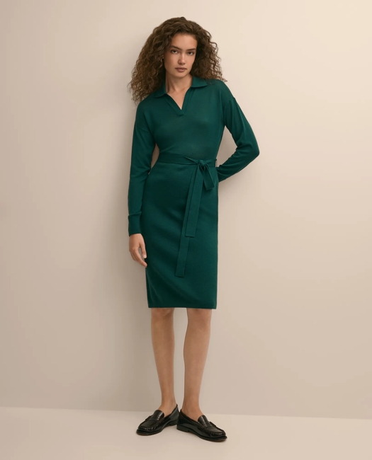 Merino Wool Belted Dolman-Sleeve Dress - Medium Green
