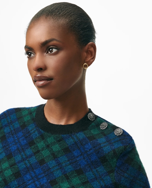 Shoulder-Button Sweater in Bias-Black-Watch Alpaca-Wool Blend
