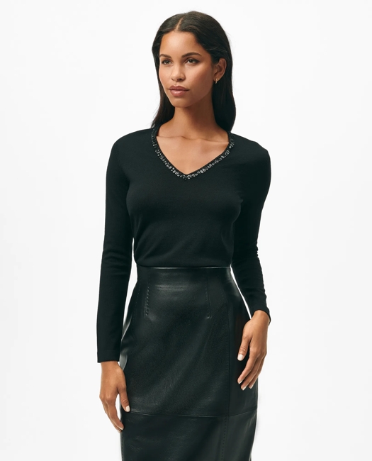 Embellished V-Neck in Fine Merino Wool