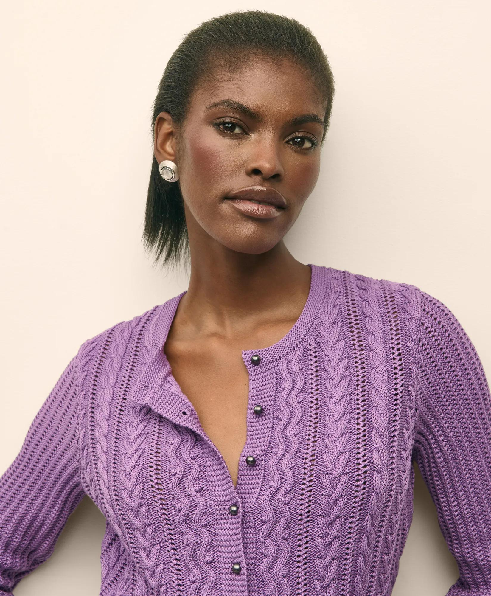 Mercerized Cotton Crochet Peplum Cardigan Sweater - Medium Purple