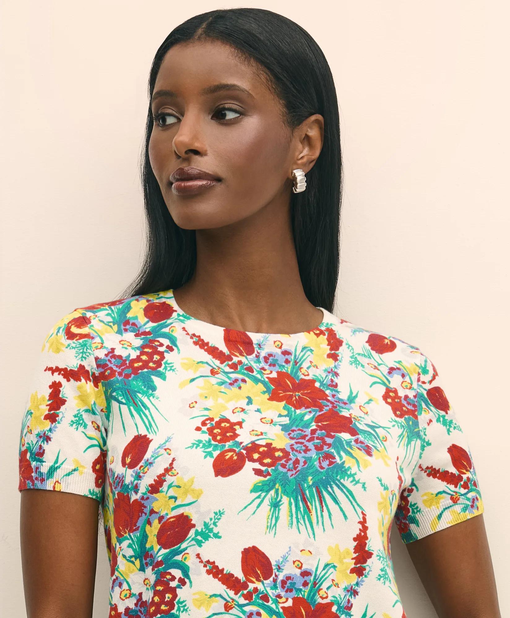 Floral Short-Sleeve Shell in Cotton Sweater