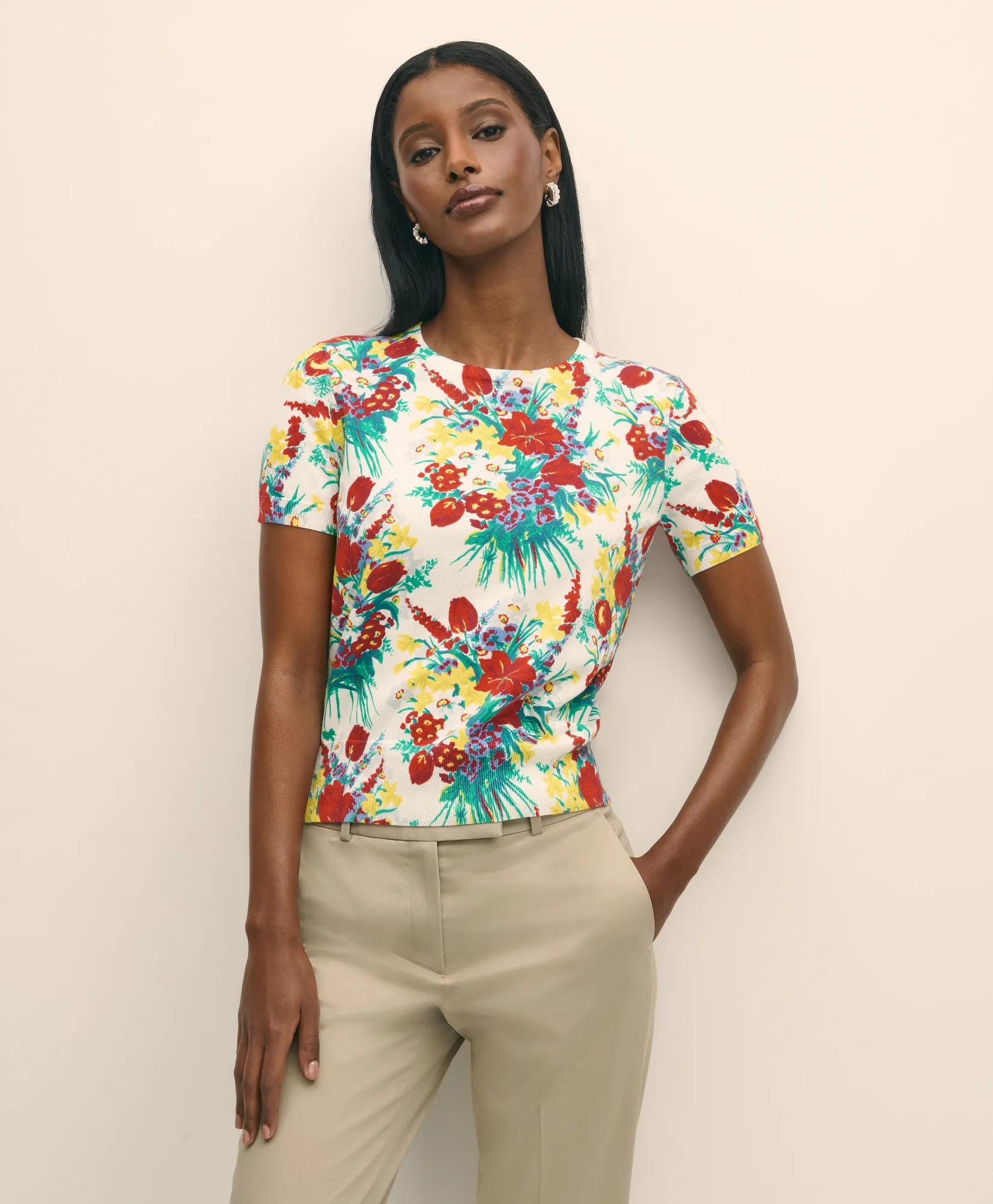 Floral Short-Sleeve Shell in Cotton Sweater