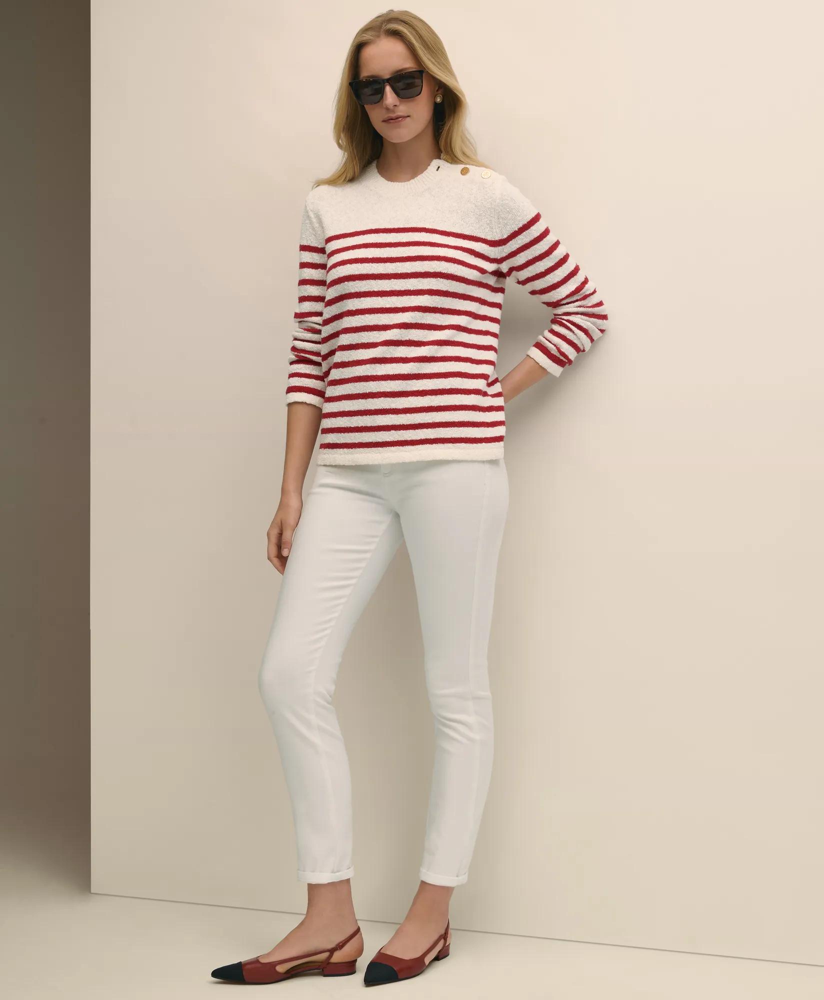 Mariner Stripe Buttoned-Shoulder Sweater in Cotton